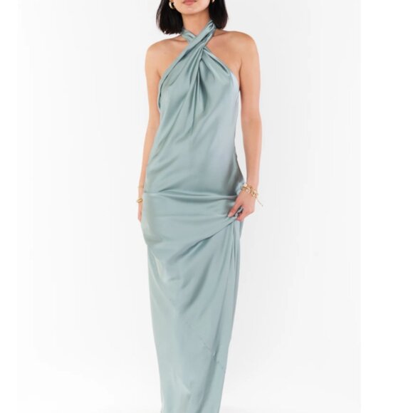 Show Me Your Mumu Jasmine Halter Maxi Dress in Silver Sage Satin - Picture 1 of 7